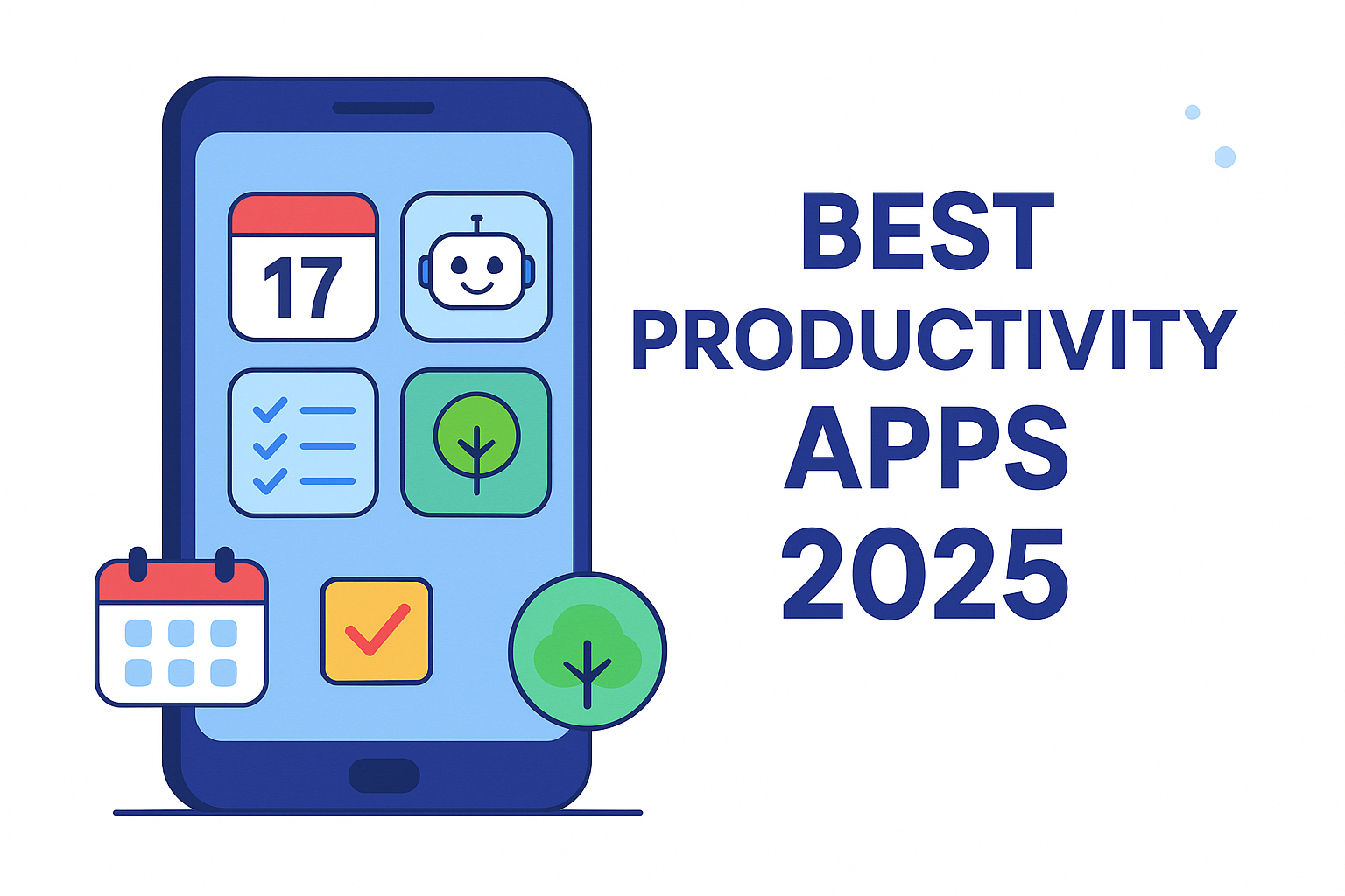Illustration of best productivity apps 2025 with smartphone and app icons