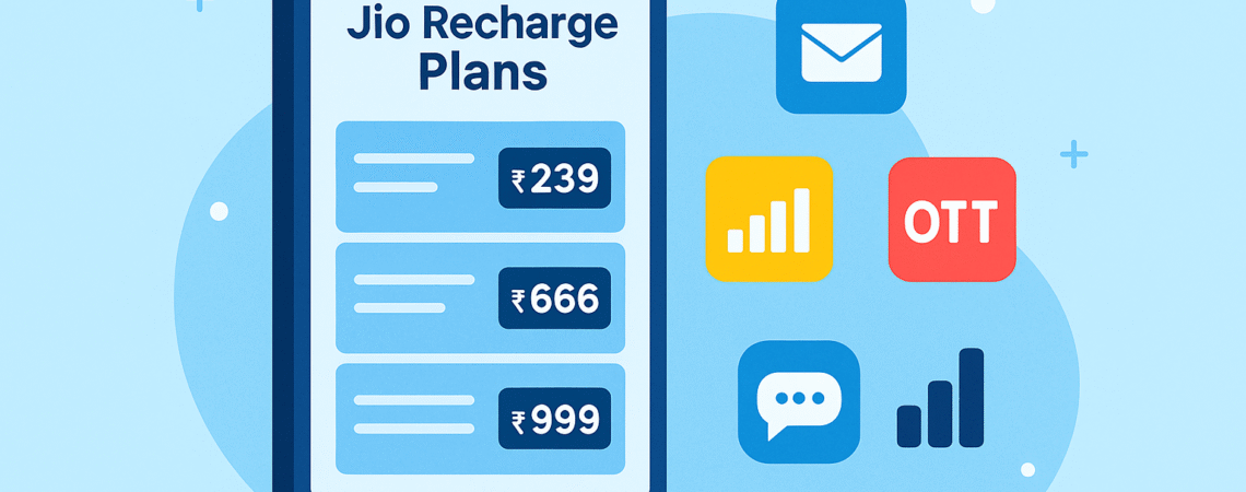 Illustration showing Jio recharge plans with smartphone and data icons