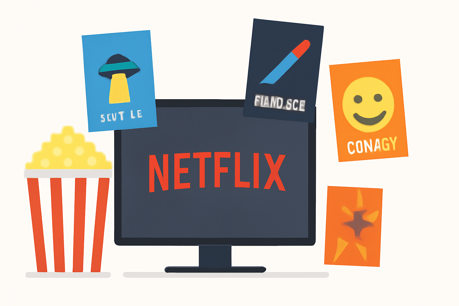 Netflix Originals 2025 illustration with TV screen, popcorn, and movie posters