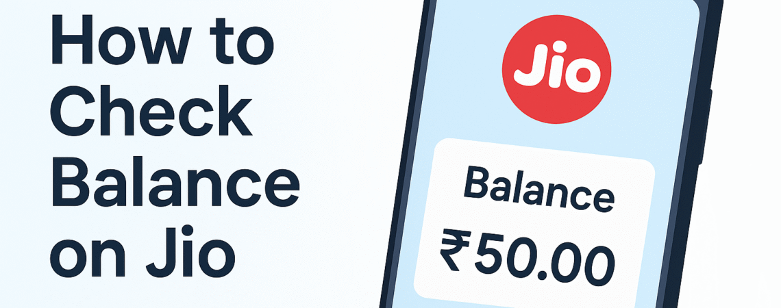 flat illustration of a smartphone screen showing Jio balance check with Jio logo + balance info