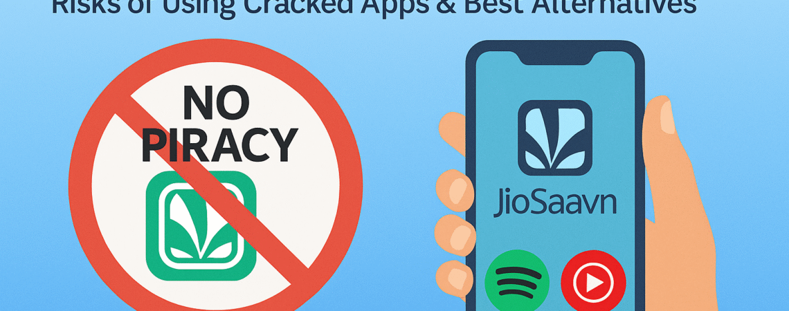flat illustration with JioSaavn Mod APK app icon + “No Piracy” sign, alongside Spotify & YouTube Music icons as safe alternatives