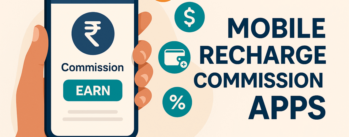 Realistic smartphone screen showing multiple recharge apps (Jio, Airtel, Paytm) and ₹ commission icons floating around, clean white background Mobile Recharge Commission App