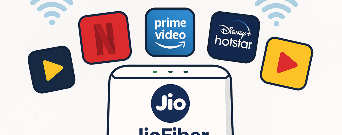 illustration with JioFiber router + OTT app icons like Netflix, Prime, Hotstar, etc.