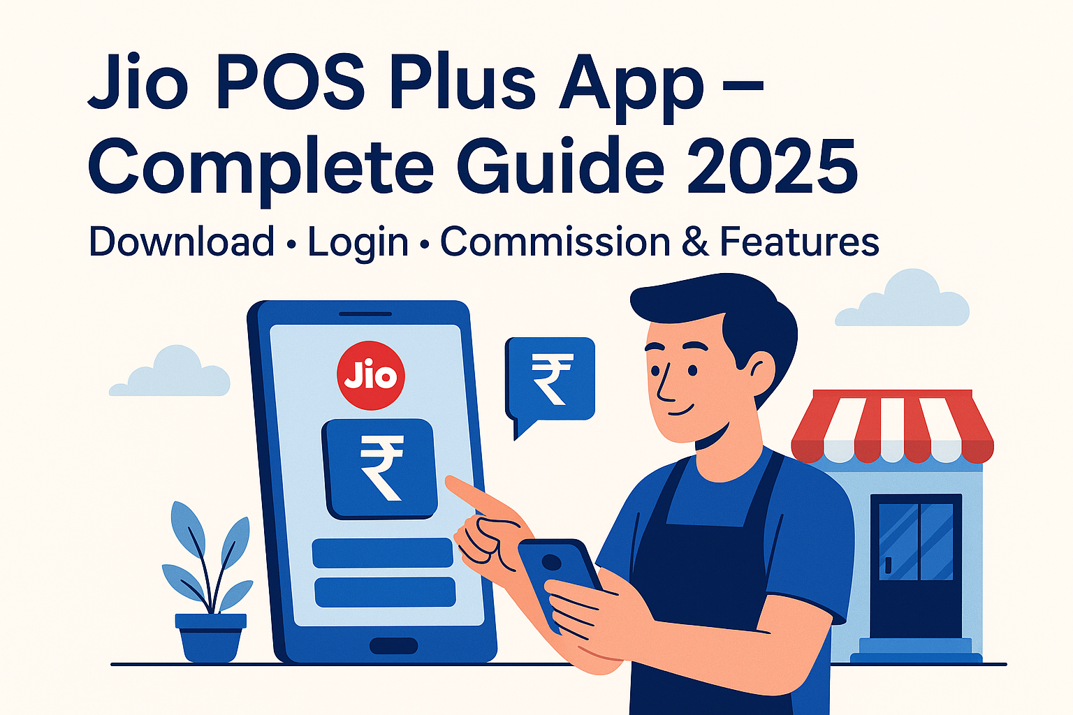 Illustration of shopkeeper using Jio POS Plus app for mobile recharges and commission earnings