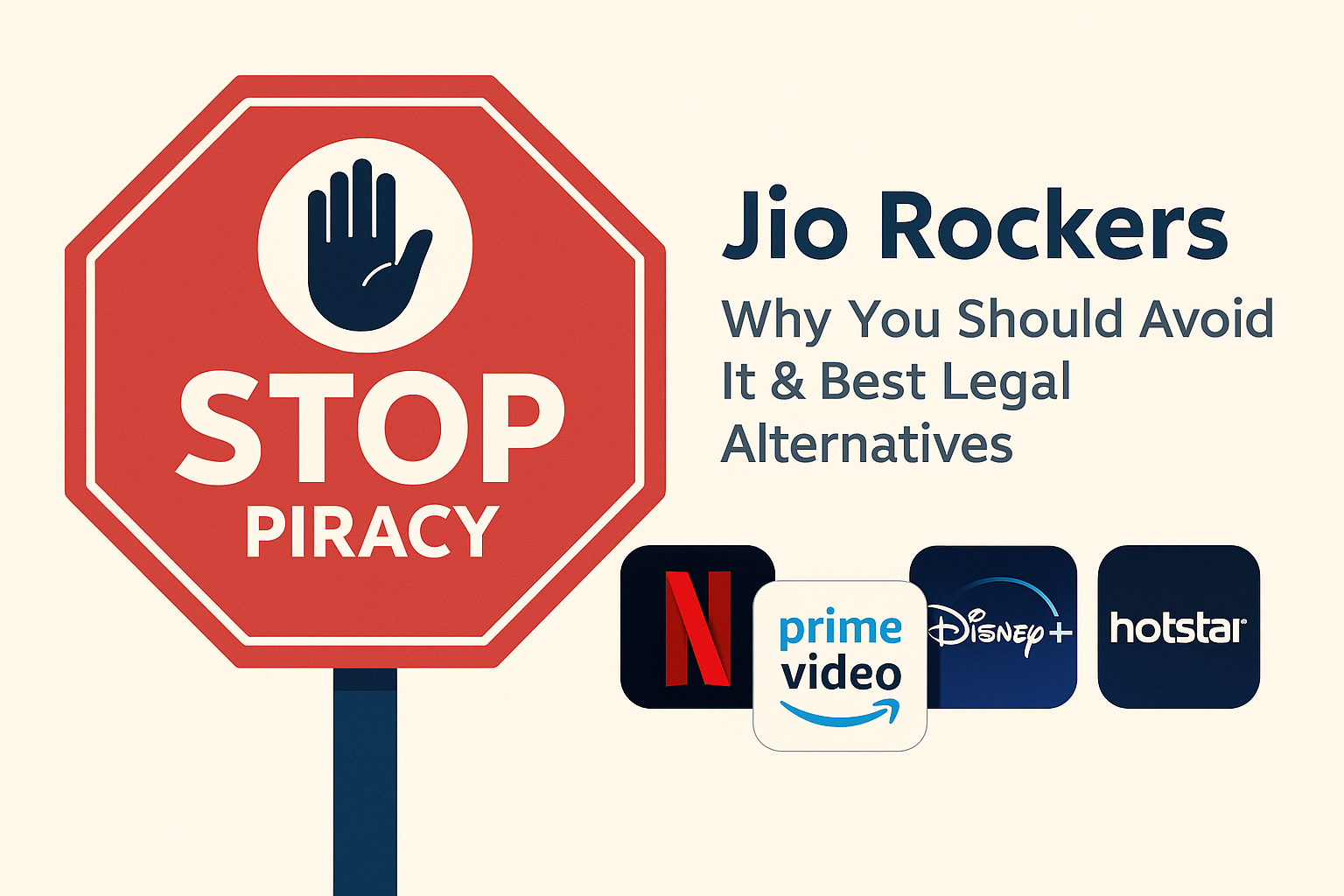 Illustration showing “Stop Piracy” warning with OTT app icons like Netflix, Prime Video, Disney+ Hotstar, and JioCinema as safe alternatives.