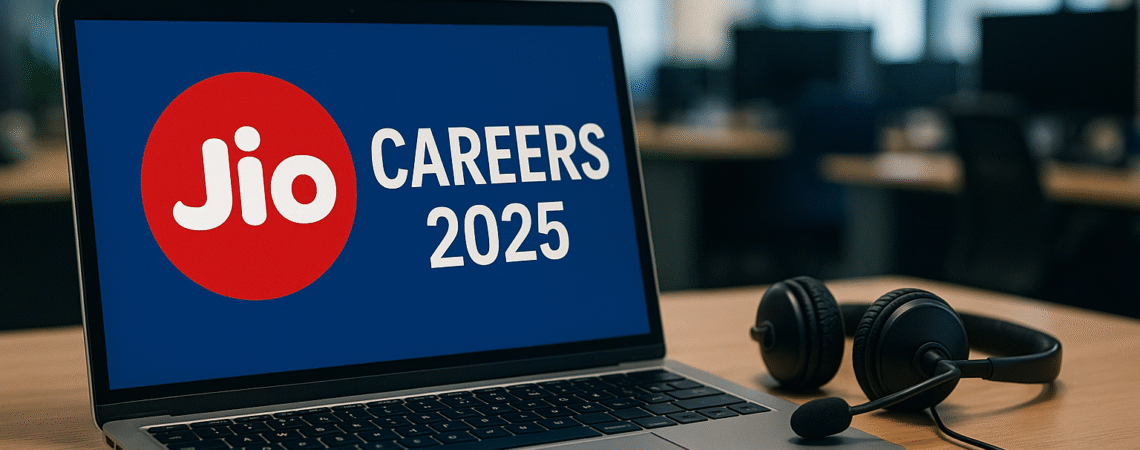 Hyper realistic office scene showing professionals working on laptops with Jio Careers 2025 branding in blue and red colors – modern corporate workspace banner.