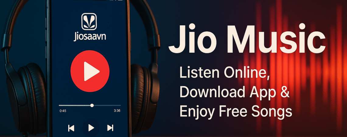 Hyper realistic banner showing smartphone playing music with colorful sound waves, Jio branding colors blue and red, and headphones — representing Jio Music (JioSaavn) app.