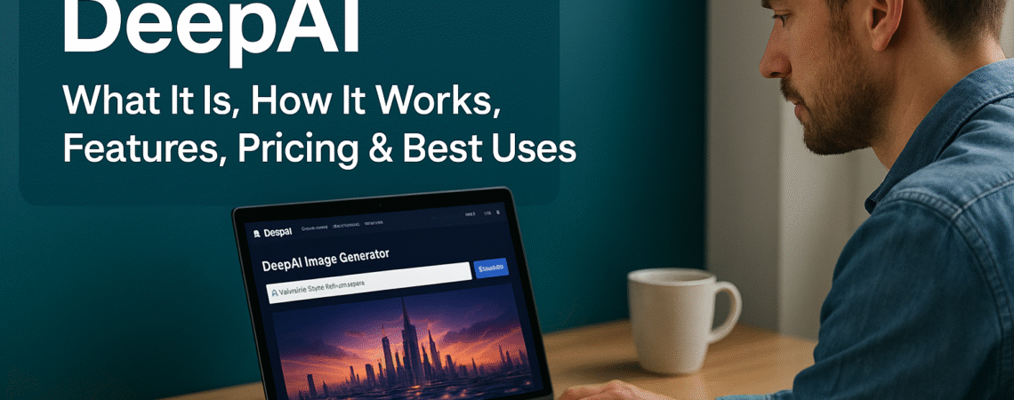 Man using DeepAI on laptop with AI image generator interface – 1200×628 hyper realistic banner