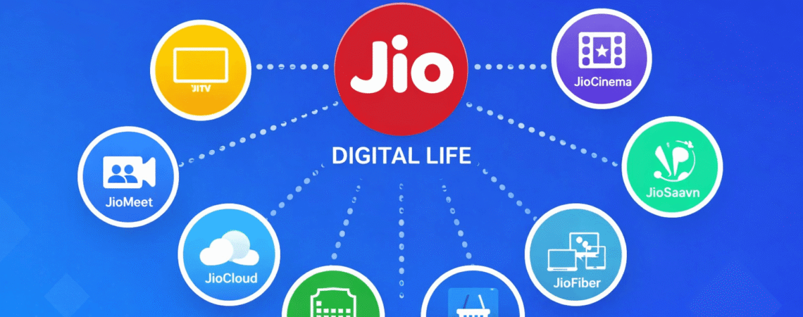 Jio Digital Life ecosystem showing Jio apps, services, entertainment, payments and digital platforms