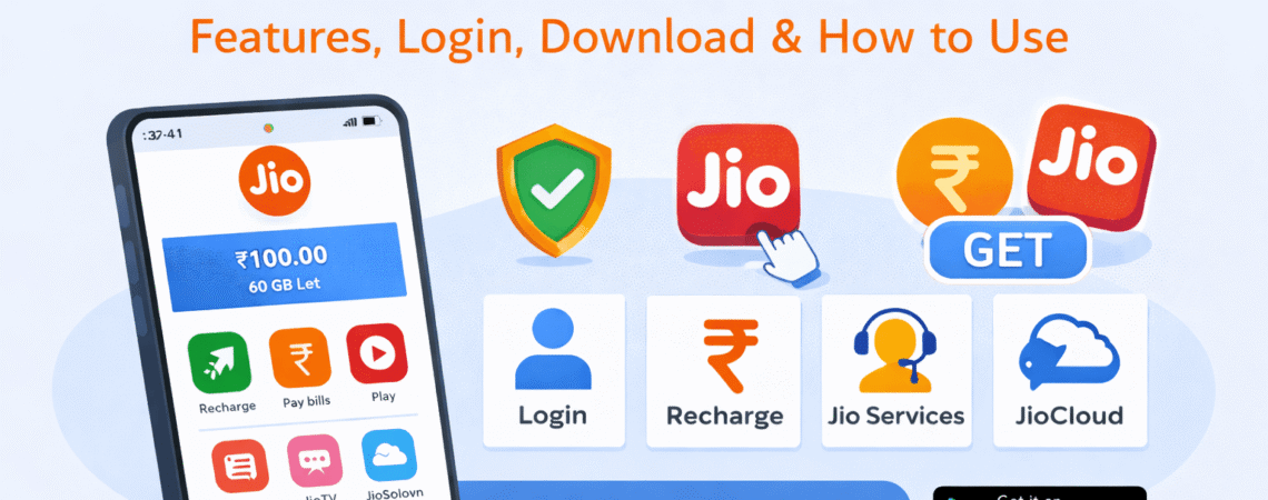 MyJio app guide showing login, recharge and Jio services features